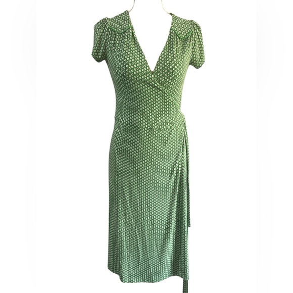 Boden Green and White Puff Sleeve Wrap  Dress - Picture 1 of 11